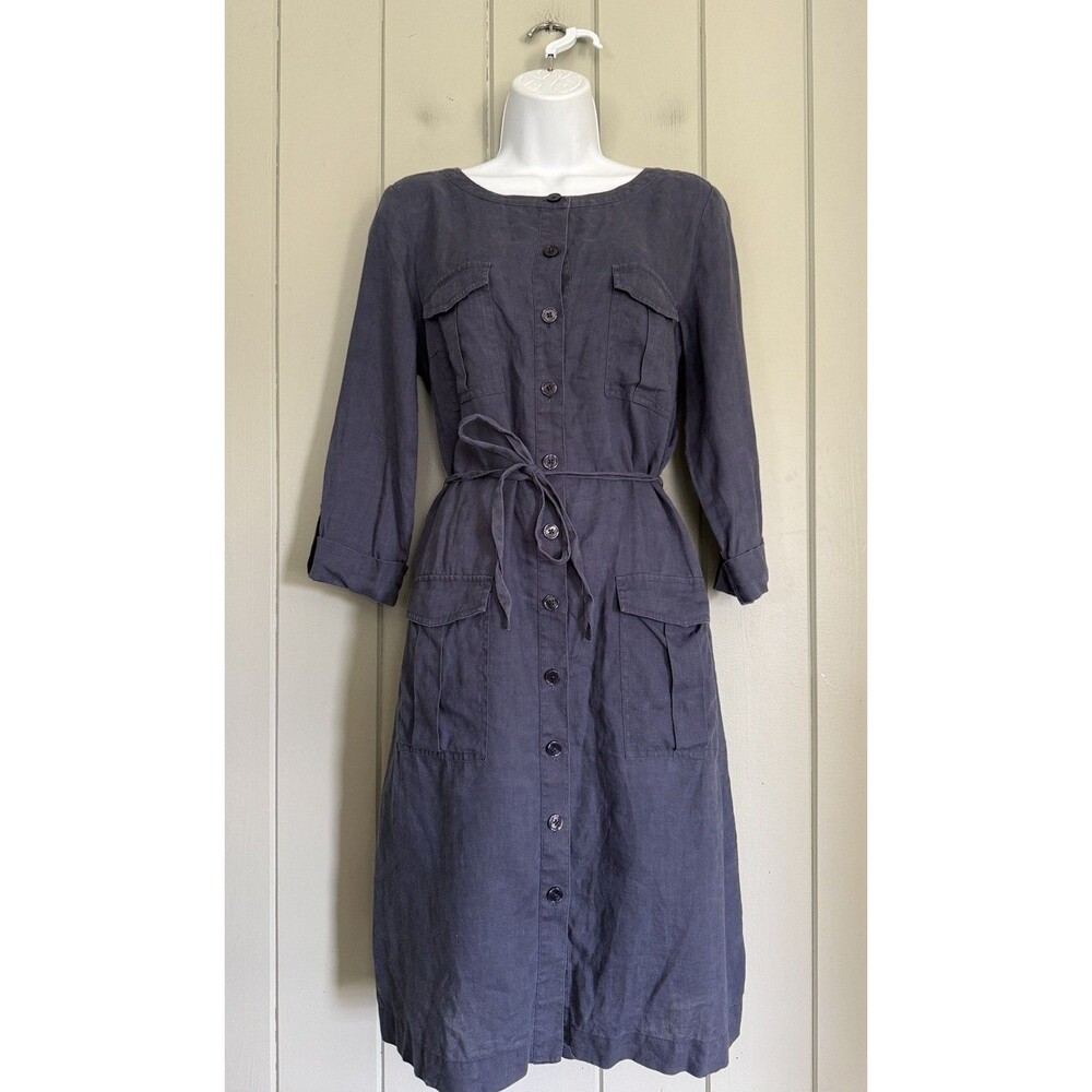 Go Silk Shirt Dress M Medium Navy Blue 100% Linen Button Front Shift Tie Waist